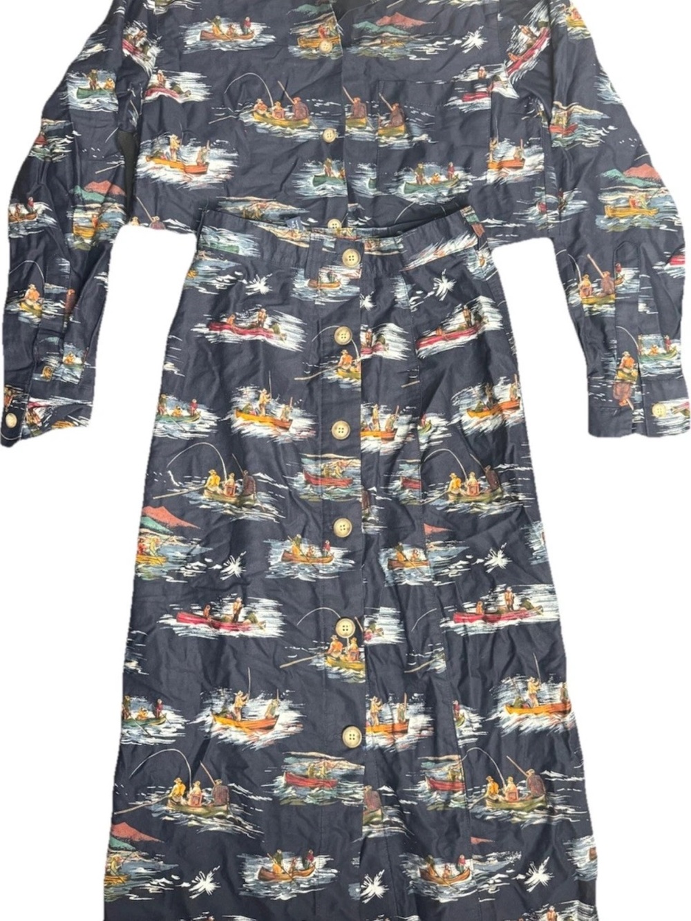Vintage River city two piece Navy Fishing Boat Print shirt and skirt size S